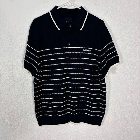 Ben Sherman Navy Blue Waffle Knit w/ White Striped Cotton Polo Size Large - Picture 1 of 6
